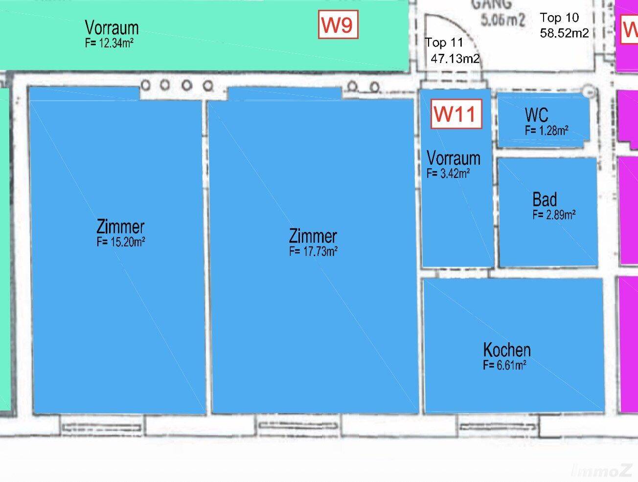 Detaillierter Grundriss der Wohnung mit Zimmern, Küche, Bad und WC, inklusive Flächenangaben.