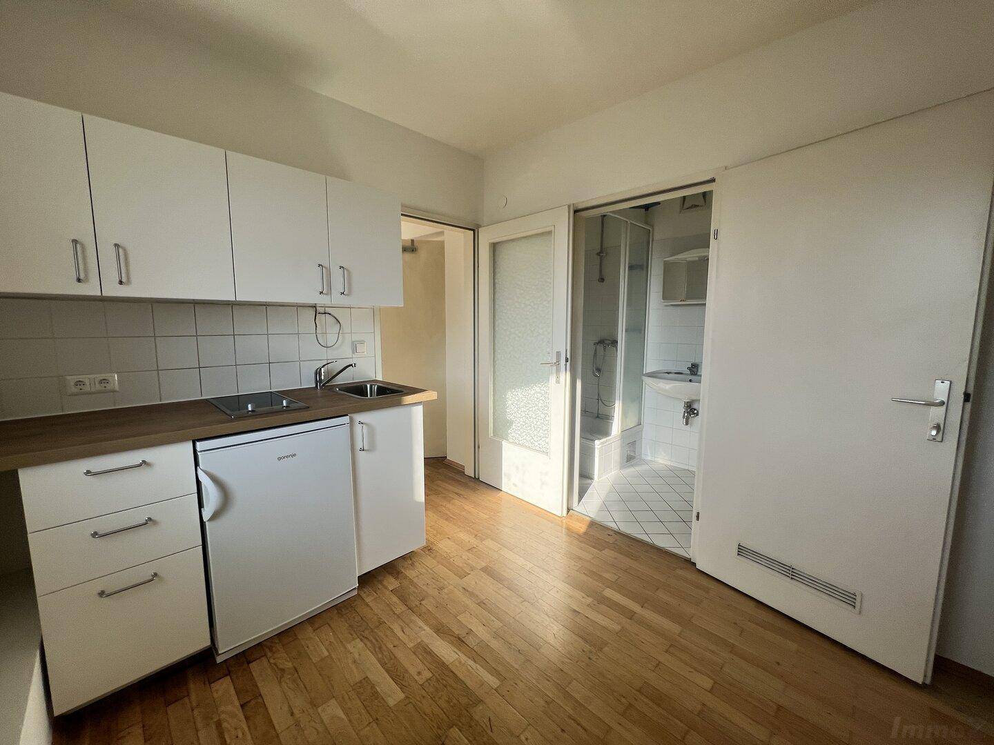 Küchenbereich mit Parkettboden und direktem Zugang zu einem Badezimmer mit Dusche.