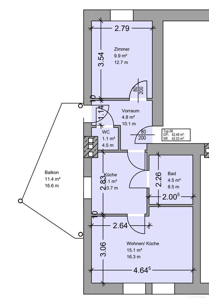 Grundriss der Wohnung mit Balkon, Küche, Bad und separatem WC.