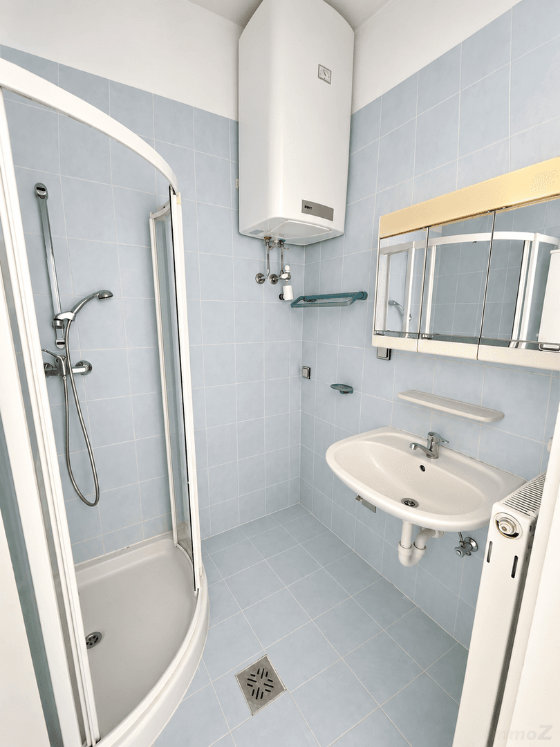 Kleines Badezimmer mit hellblauen Fliesen, Duschkabine, Waschbecken und Spiegelschrank.