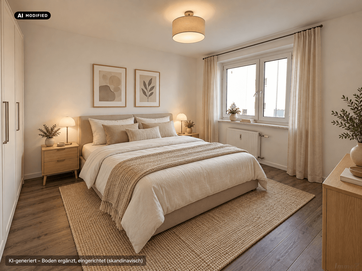 Gemütliches Schlafzimmer im skandinavischen Stil mit großem Bett, Nachttischen und Laminatboden.