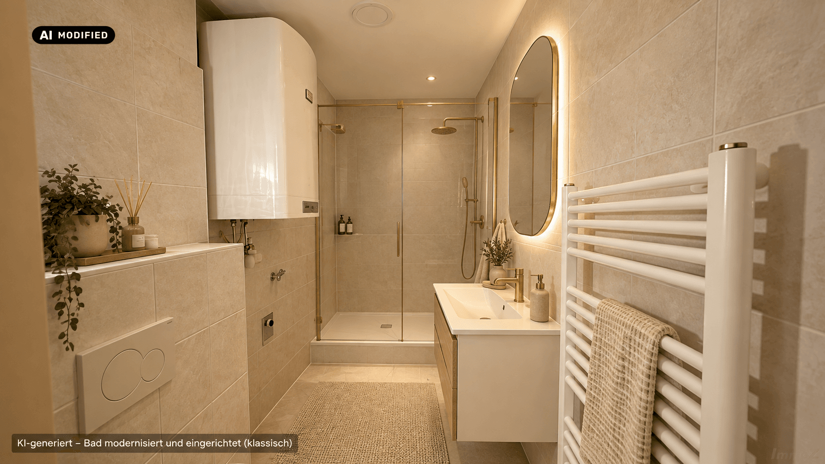 Modernisiertes Badezimmer mit beigefarbenen Fliesen, begehbarer Dusche und beheiztem Handtuchhalter.
