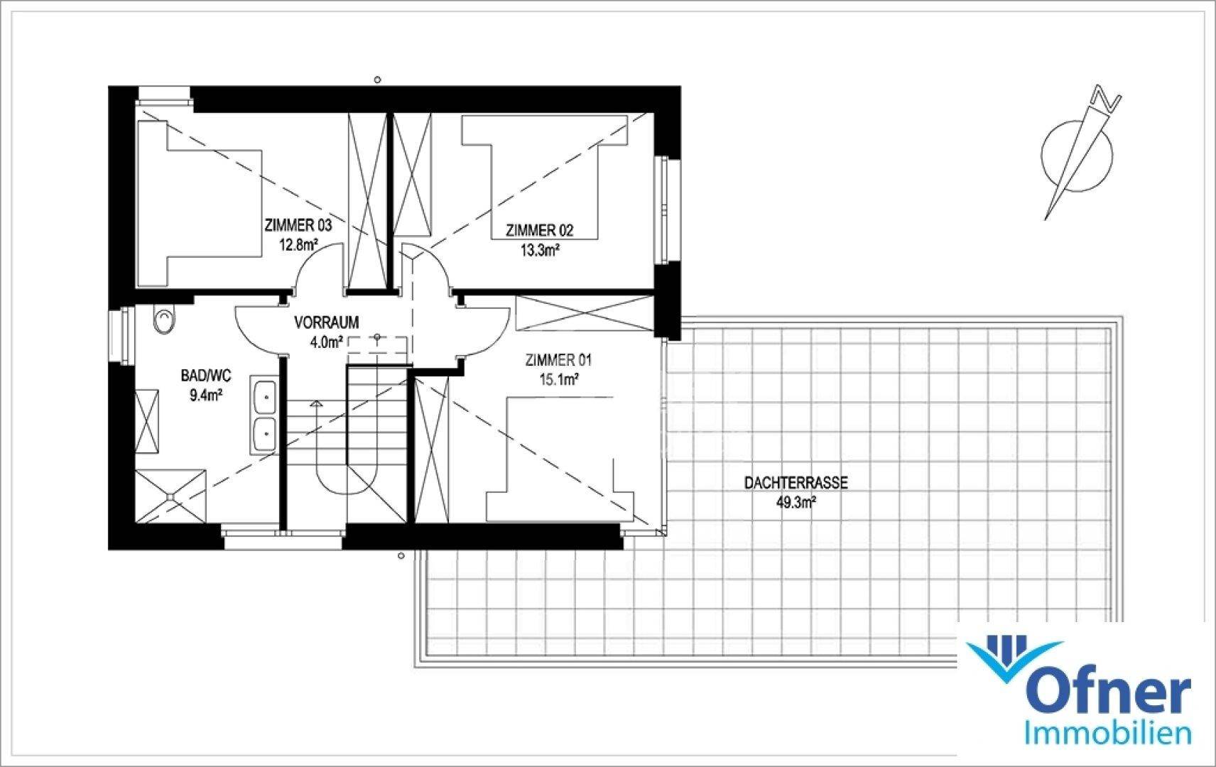 Grundriss des Obergeschosses mit drei Schlafzimmern, Bad und großer Dachterrasse.