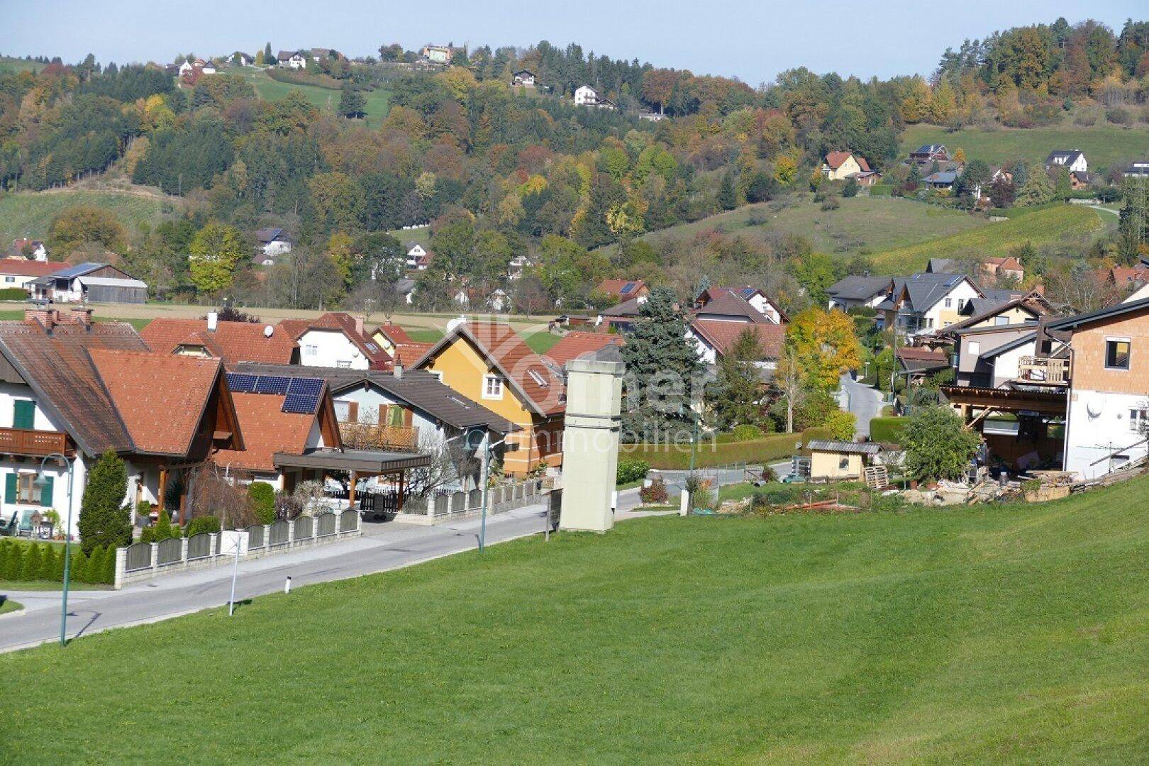 Panoramablick über eine ländliche Wohnsiedlung mit vielen Häusern und herbstlicher Vegetation.