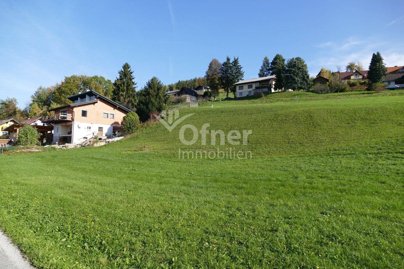 Grüner Hang mit einem Wohnhaus und bewaldeten Hügeln im Hintergrund unter blauem Himmel.