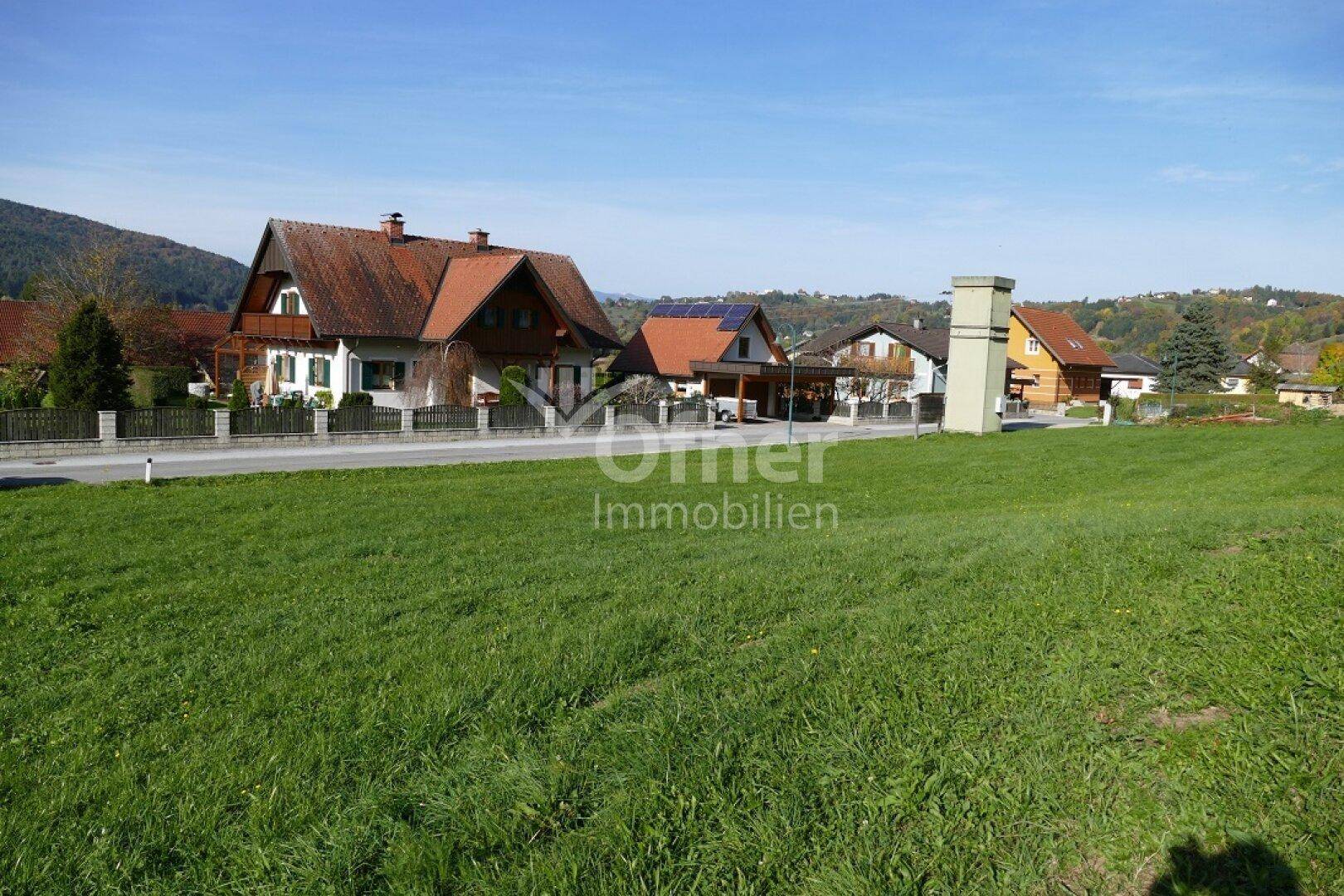 Sonnige Grünfläche mit angrenzender Straße und Häusern in ländlicher Umgebung.