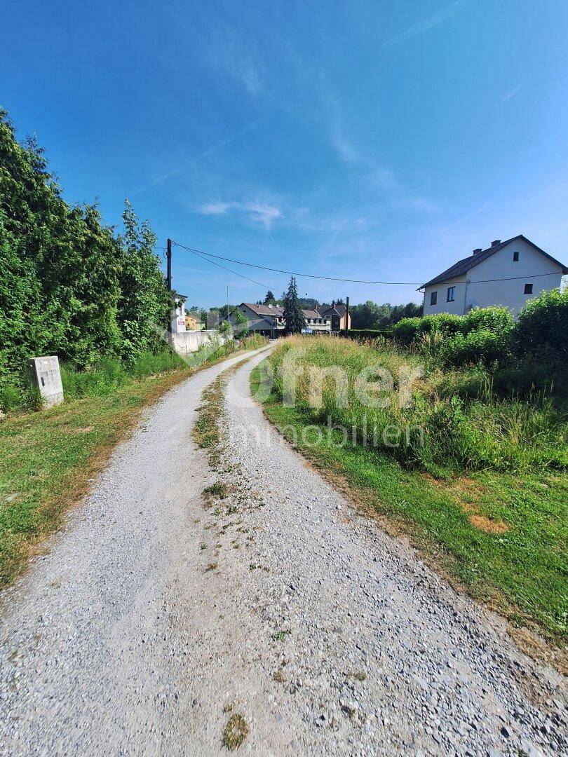 Schotterweg schlängelt sich durch eine ländliche Umgebung mit Häusern und viel Grün unter blauem Himmel.