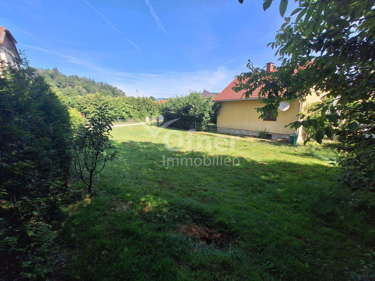 Blick auf die Rückseite eines Hauses mit Garten und viel Grün unter strahlend blauem Himmel.