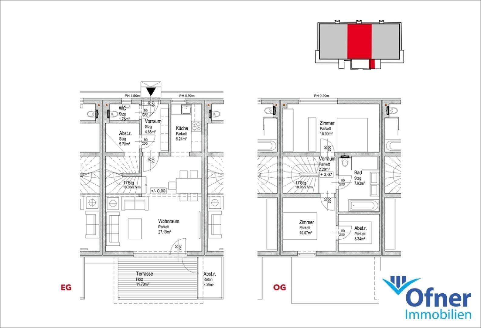 Grundrisspläne für Erdgeschoss und Obergeschoss eines Reihenhauses mit Terrasse.