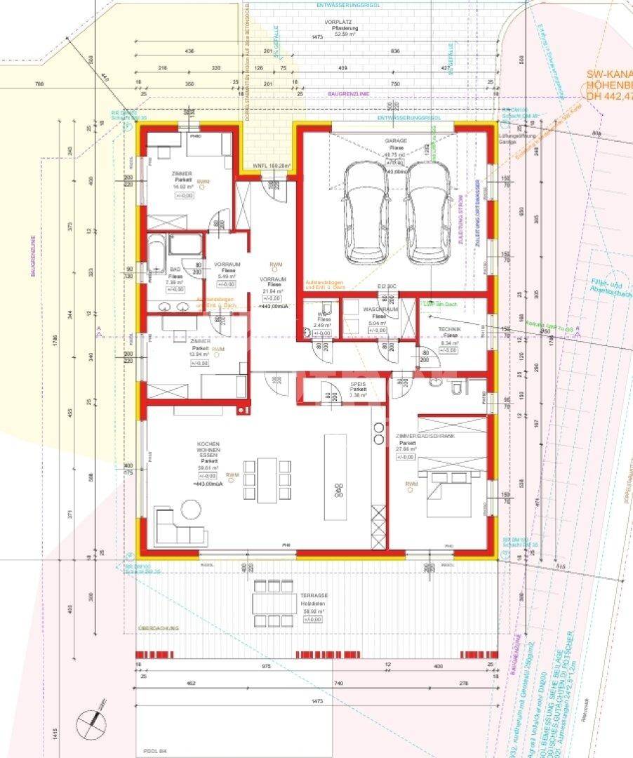 Detaillierter Grundriss des Hauses mit Raumaufteilung, Garage und Terrassenbereich.