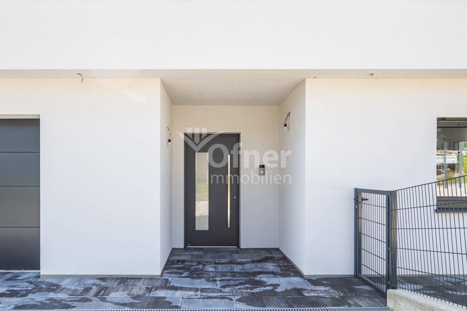 Moderner Eingangsbereich der Villa mit dunkler Tür und weißer Fassade.