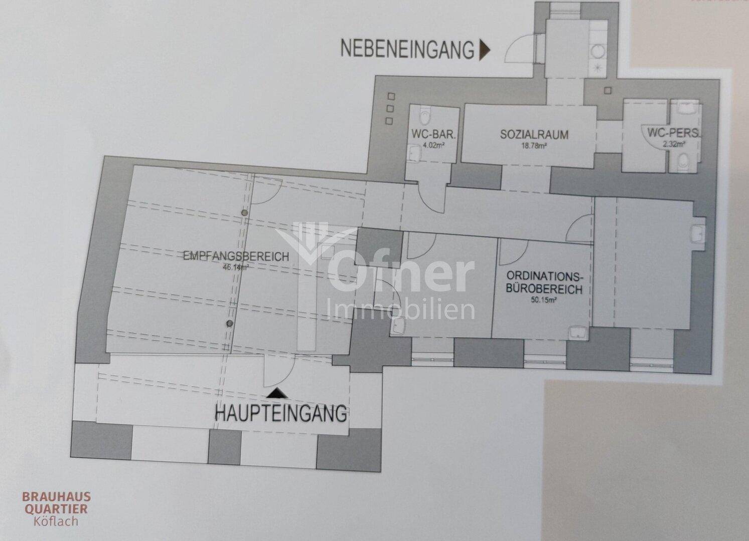 Detaillierter Grundriss des Erdgeschosses mit Empfangsbereich, Büros und Sanitäranlagen.