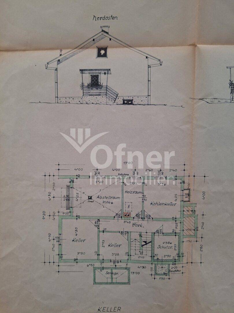 Historischer Grundriss des Kellers mit Abstellraum und Heizraum.