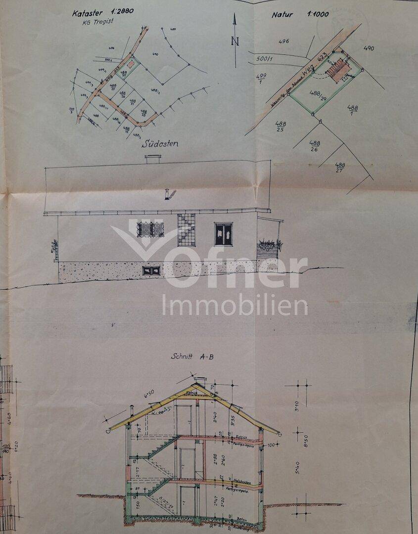 Historischer Schnittplan des Hauses mit Keller und Dachgeschoss.