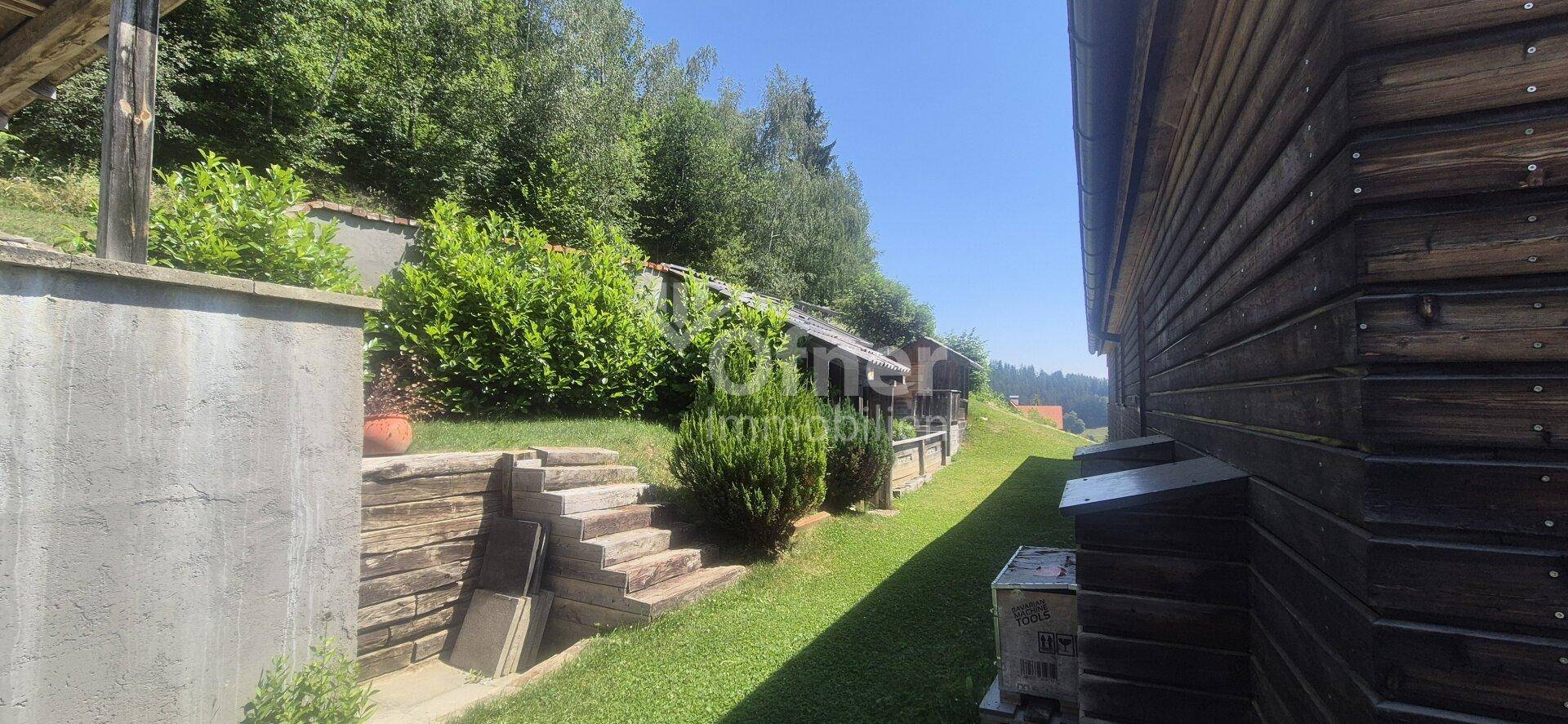 Grüner Gartenbereich mit Holztreppe und üppiger Bepflanzung am Hang.