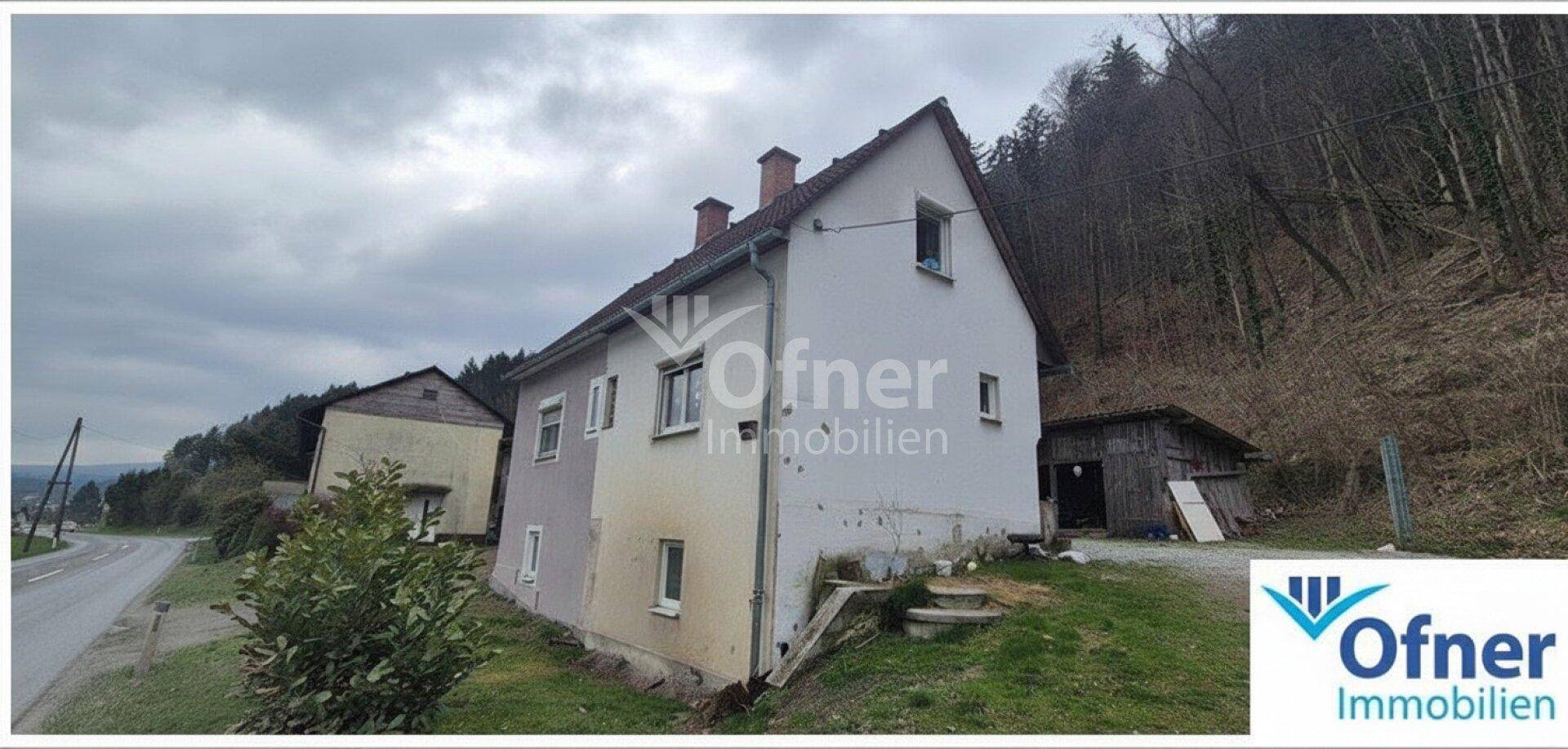 Älteres Haus mit Satteldach und Nebengebäude, gelegen an einer Straße mit bewaldetem Hang im Hintergrund.