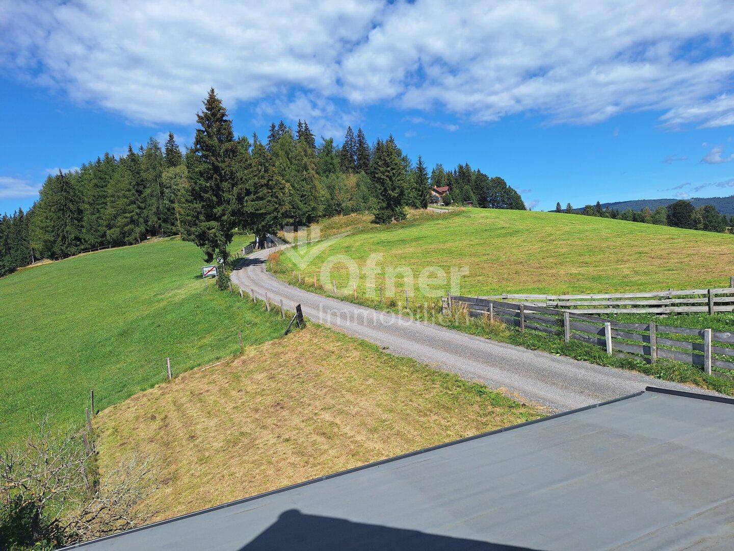 Serpentinenstraße führt durch grüne Hügel und Wälder unter einem strahlend blauen Himmel.