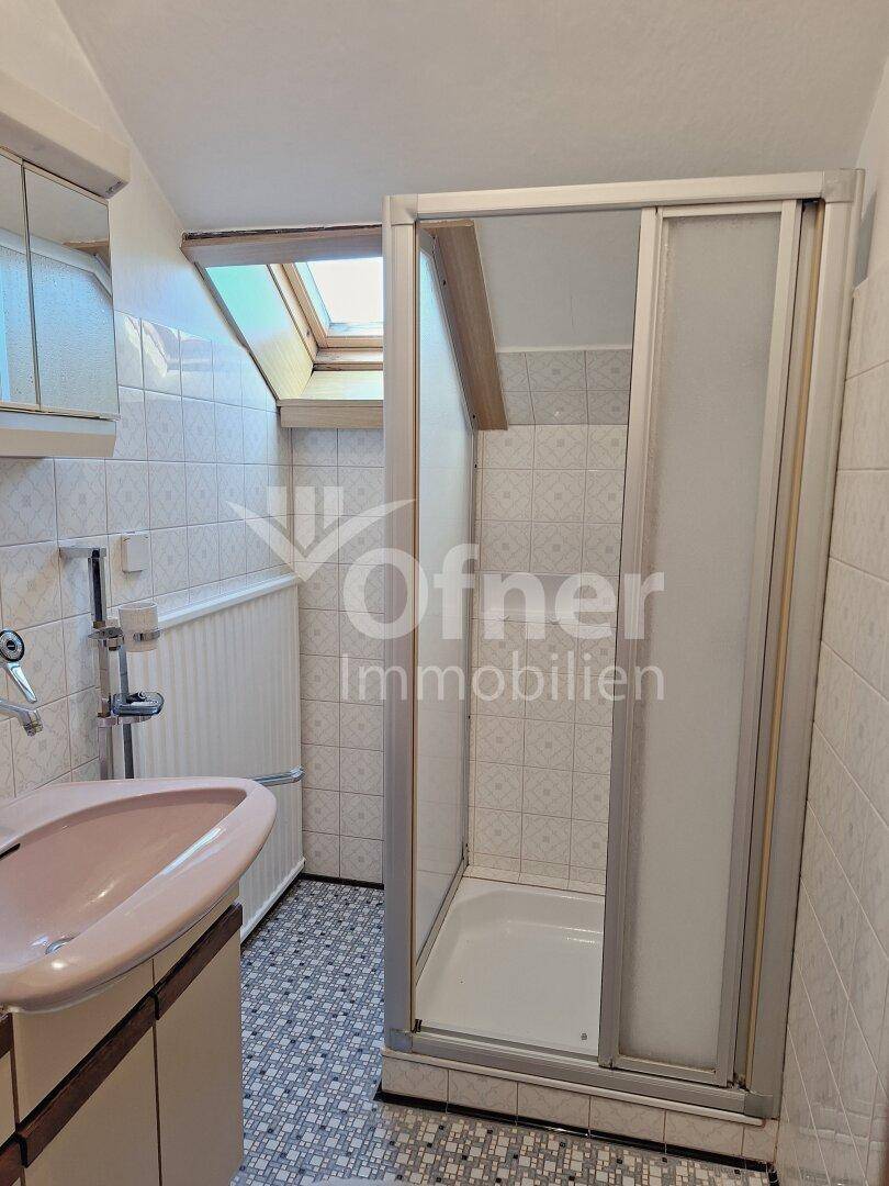 Badezimmer mit Duschkabine, Einzelwaschbecken und einem Dachfenster für natürliches Licht.