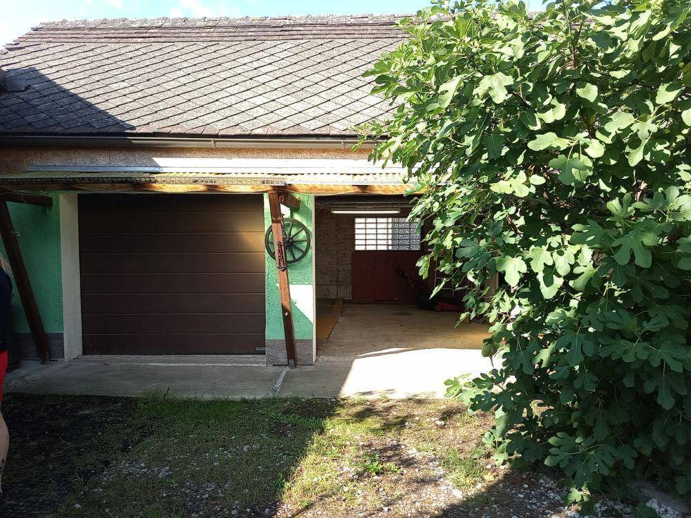 Eine Garage mit braunem Tor und offenem Bereich, umgeben von üppigem Grün und einem Baum.