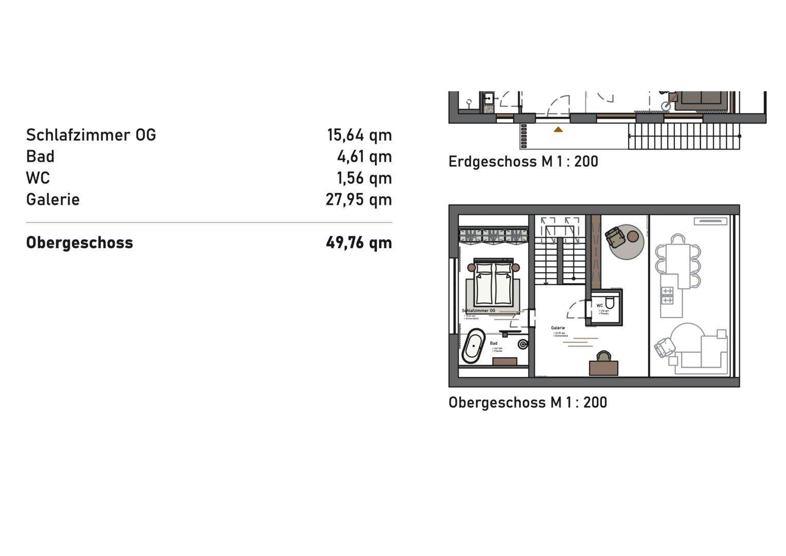 Grundriss des Obergeschosses mit Schlafzimmer, Bad, WC und einer offenen Galerie, bietet zusätzlichen Raum.