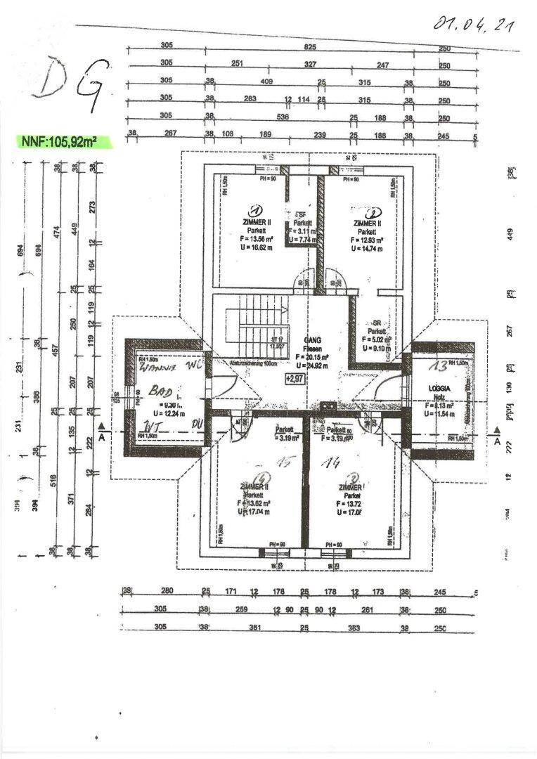 Grundriss des Dachgeschosses mit drei Zimmern, Bad, separatem WC und Loggia.