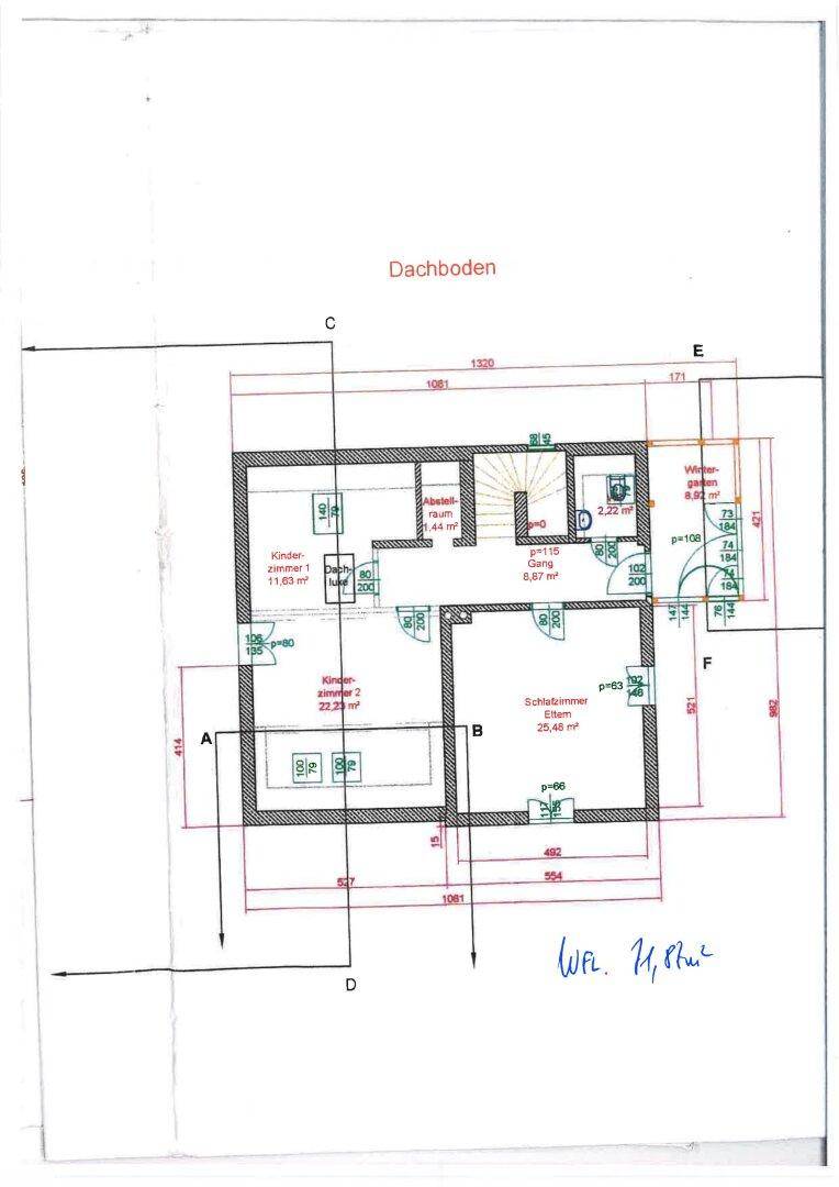 Grundriss des Dachbodens mit Schlafzimmern, Kinderzimmern und Abstellraum, Gesamtfläche 71,87 m².