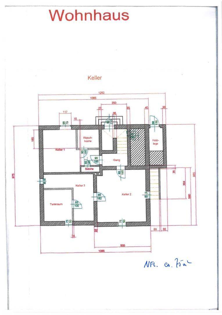 Grundriss des Kellers mit Waschküche, Tankraum und weiteren Kellerräumen.