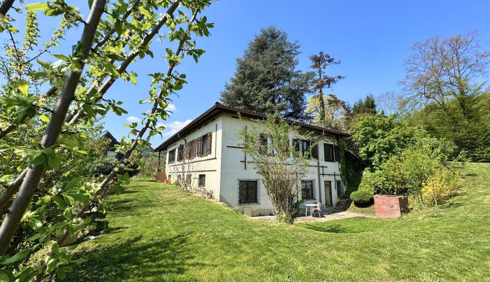 Charmantes Landhaus mit weißer Fassade und braunen Fensterläden, umgeben von einem weitläufigen Garten.