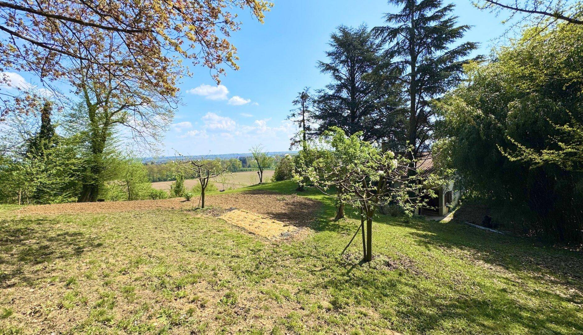 Sonniger Gartenbereich mit Obstbäumen und weitem Blick über die umliegende Landschaft.