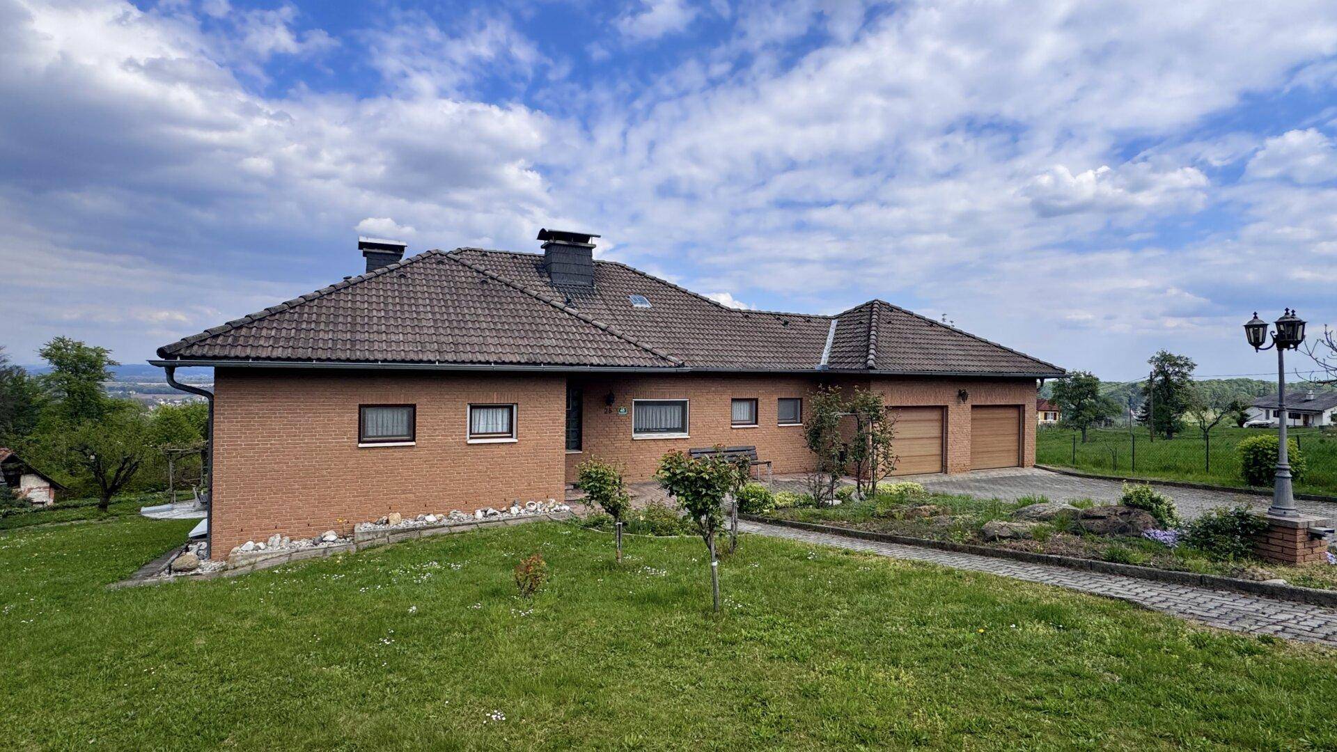 Frontansicht des Einfamilienhauses mit gepflasterter Auffahrt und Vorgarten unter blauem Himmel.
