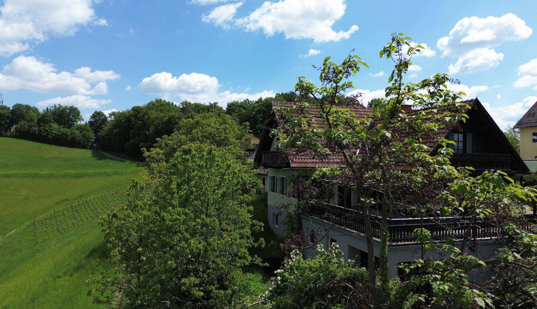 Seitenansicht des Anwesens, umgeben von üppigem Grün und Bäumen in ländlicher Umgebung.