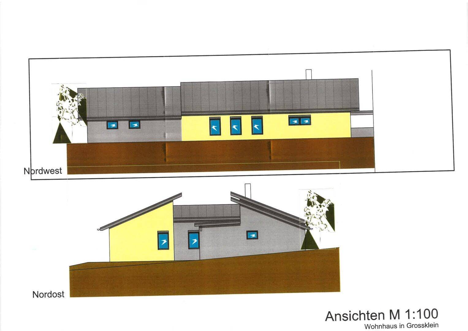 Ansichten des Hauptgebäudes von Nordwest und Nordost mit schrägen Dächern.