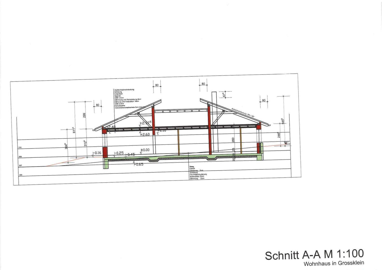 Architektonischer Schnitt des Gebäudes, der die Dachkonstruktion und Höhen zeigt.