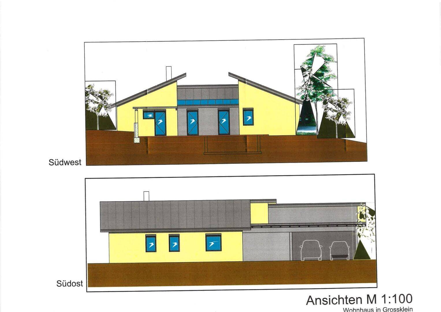 Ansichten des Hauptgebäudes von Südwest und Südost mit moderner Architektur.