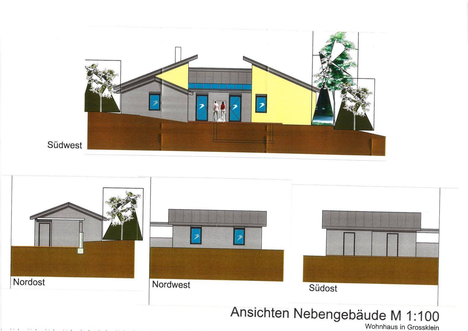 Ansichten des Hauptgebäudes und der Nebengebäude aus verschiedenen Himmelsrichtungen.