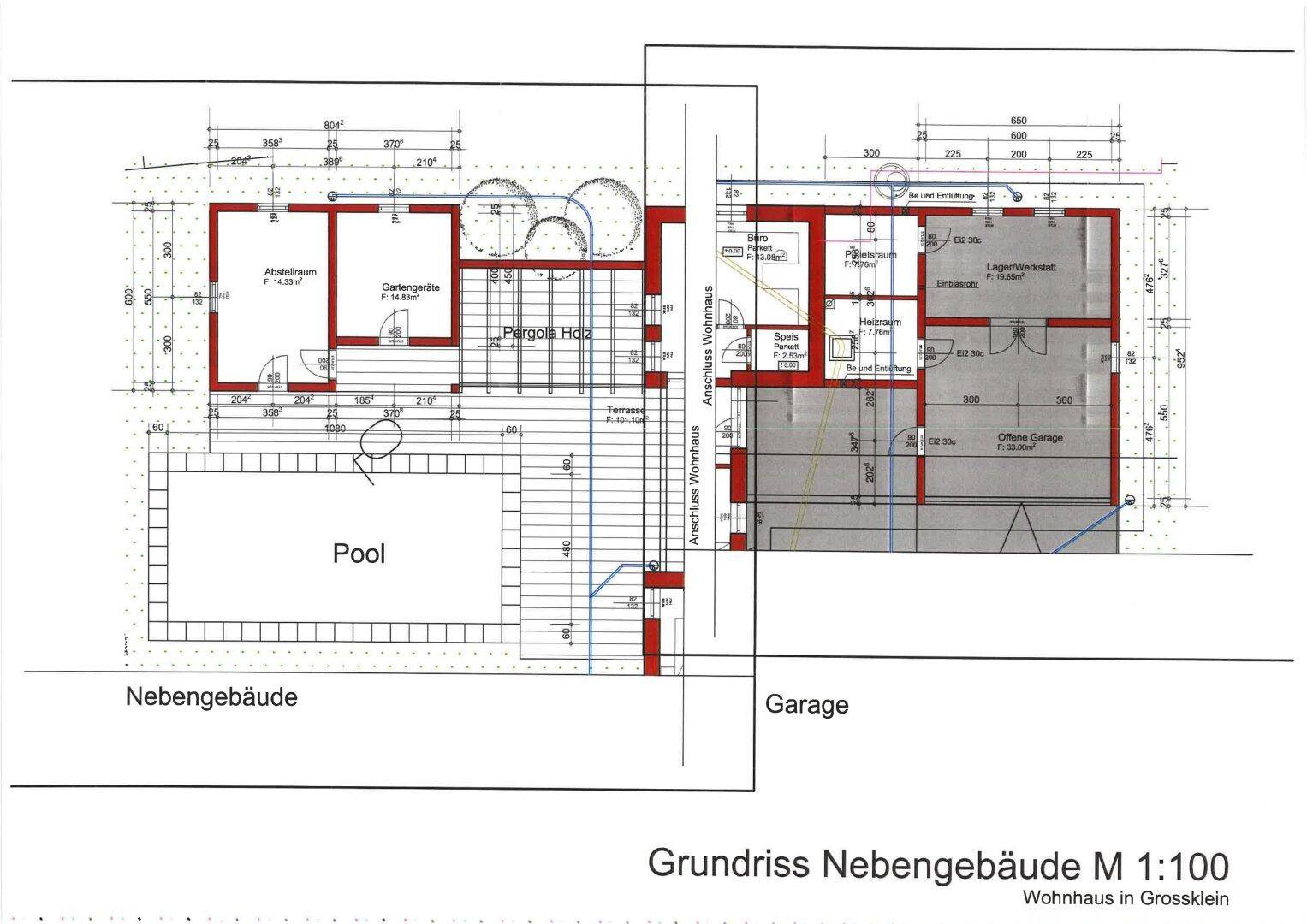 Grundriss des Nebengebäudes mit Garage, Poolbereich und Pergola im Außenbereich.
