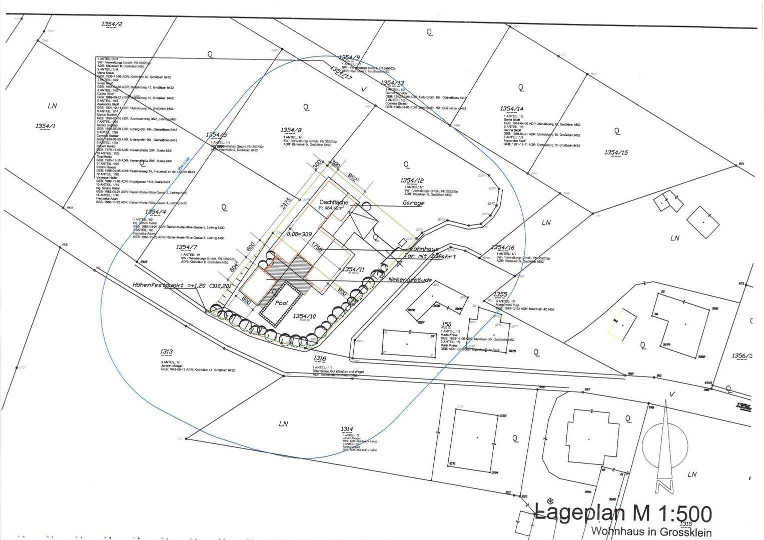 Übersichtlicher Lageplan des Grundstücks mit angrenzenden Parzellen und der Bebauung.