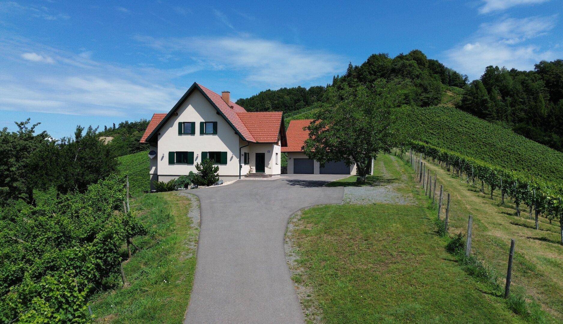Frontansicht des Hauses mit Zufahrt und Garage, eingebettet in eine malerische Landschaft mit Weinbergen.