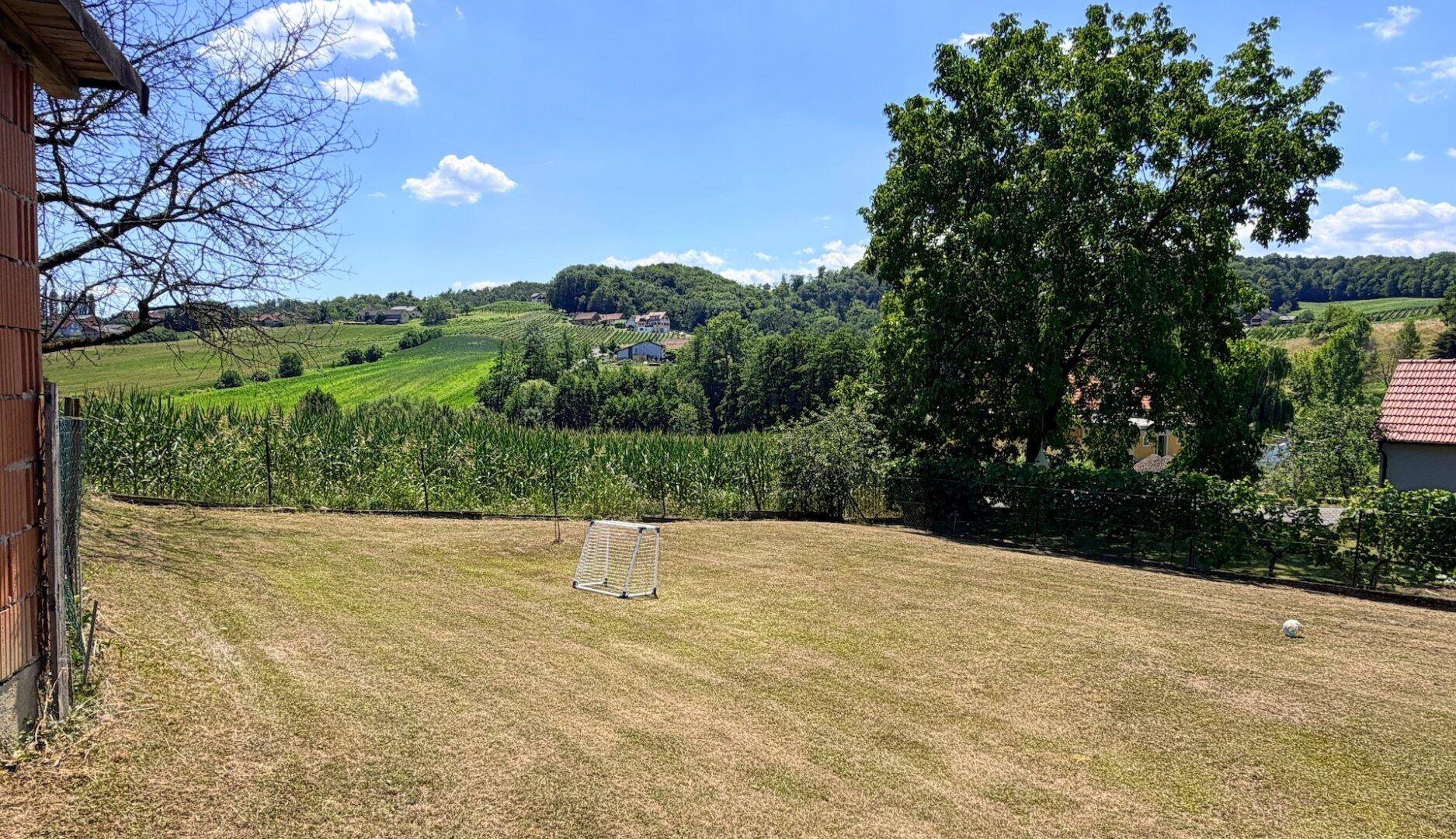 Sonniger Garten mit Fußballtor, weitem Rasen und Blick auf ein angrenzendes Maisfeld.