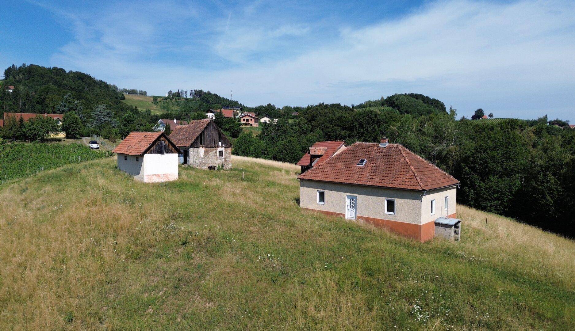 Blick auf ein Wohnhaus und Nebengebäude in einer idyllischen Hügellandschaft mit Weinbergen und viel Grün.