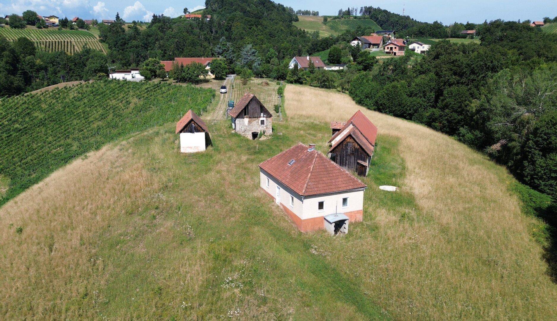 Luftaufnahme des Anwesens mit mehreren Gebäuden, umgeben von trockenen Wiesen und grünen Hügeln mit Weinreben.