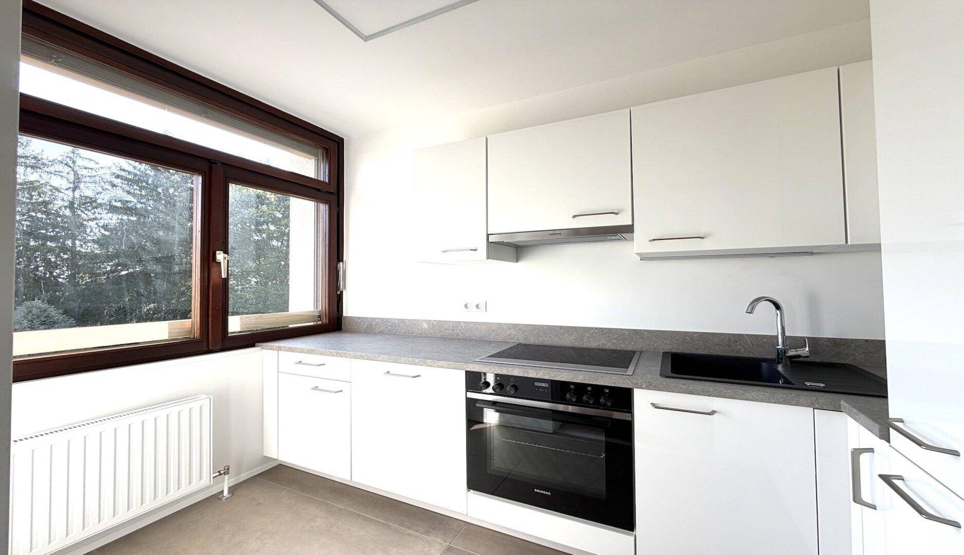 Moderne Einbauküche mit weißen Schränken, integrierten Geräten und Fensterblick ins Grüne.