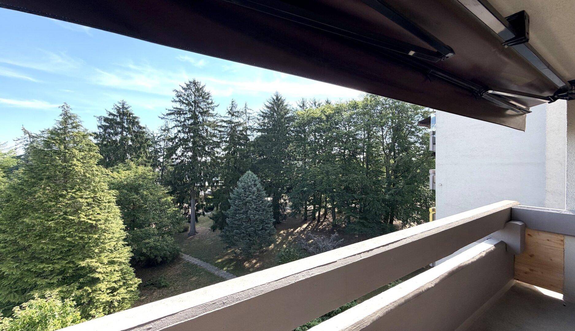 Balkon mit weitem Blick auf grüne Bäume und die umliegende Natur.
