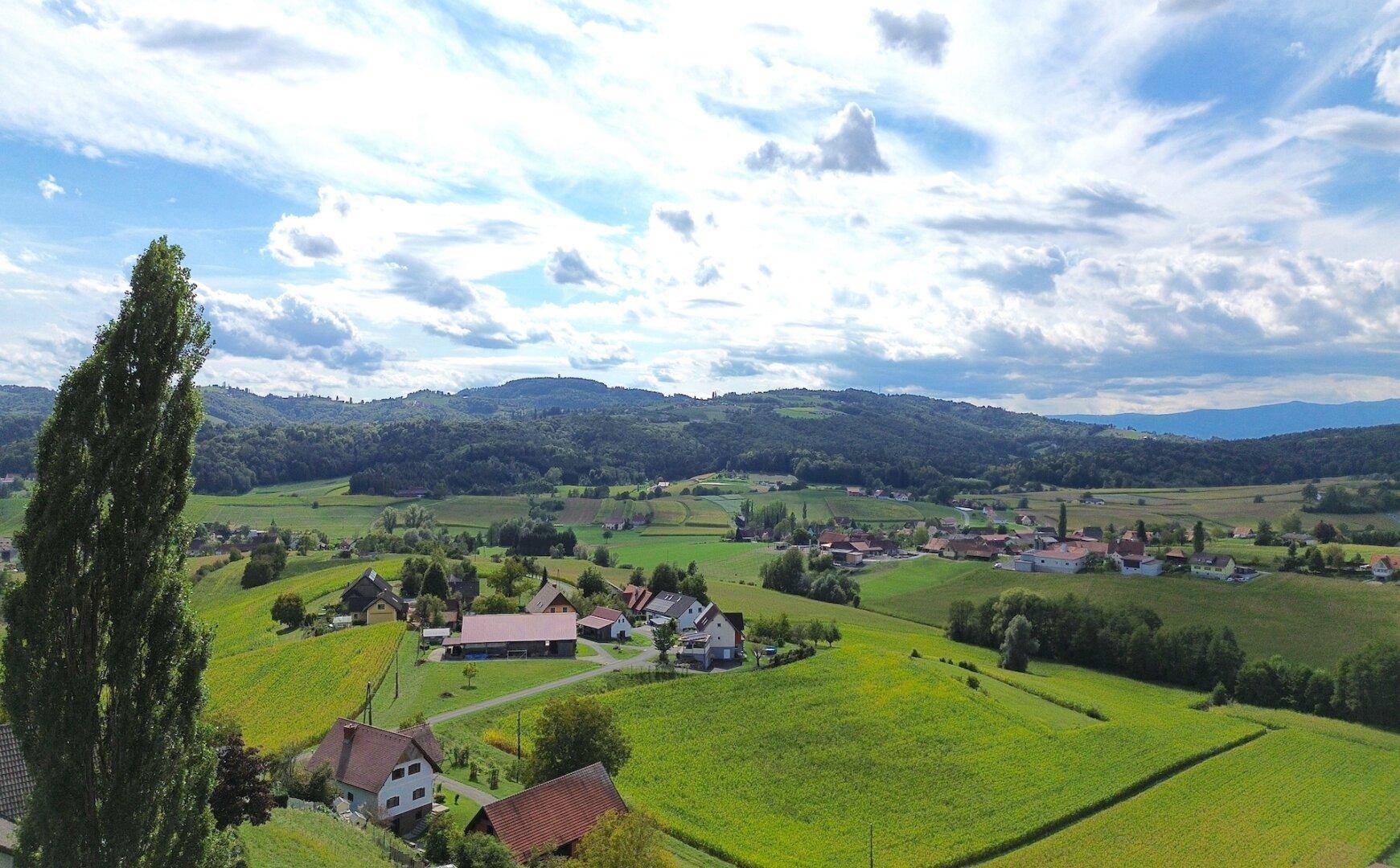 Weitläufige ländliche Landschaft mit grünen Feldern, Wäldern und kleinen Siedlungen unter blauem Himmel.