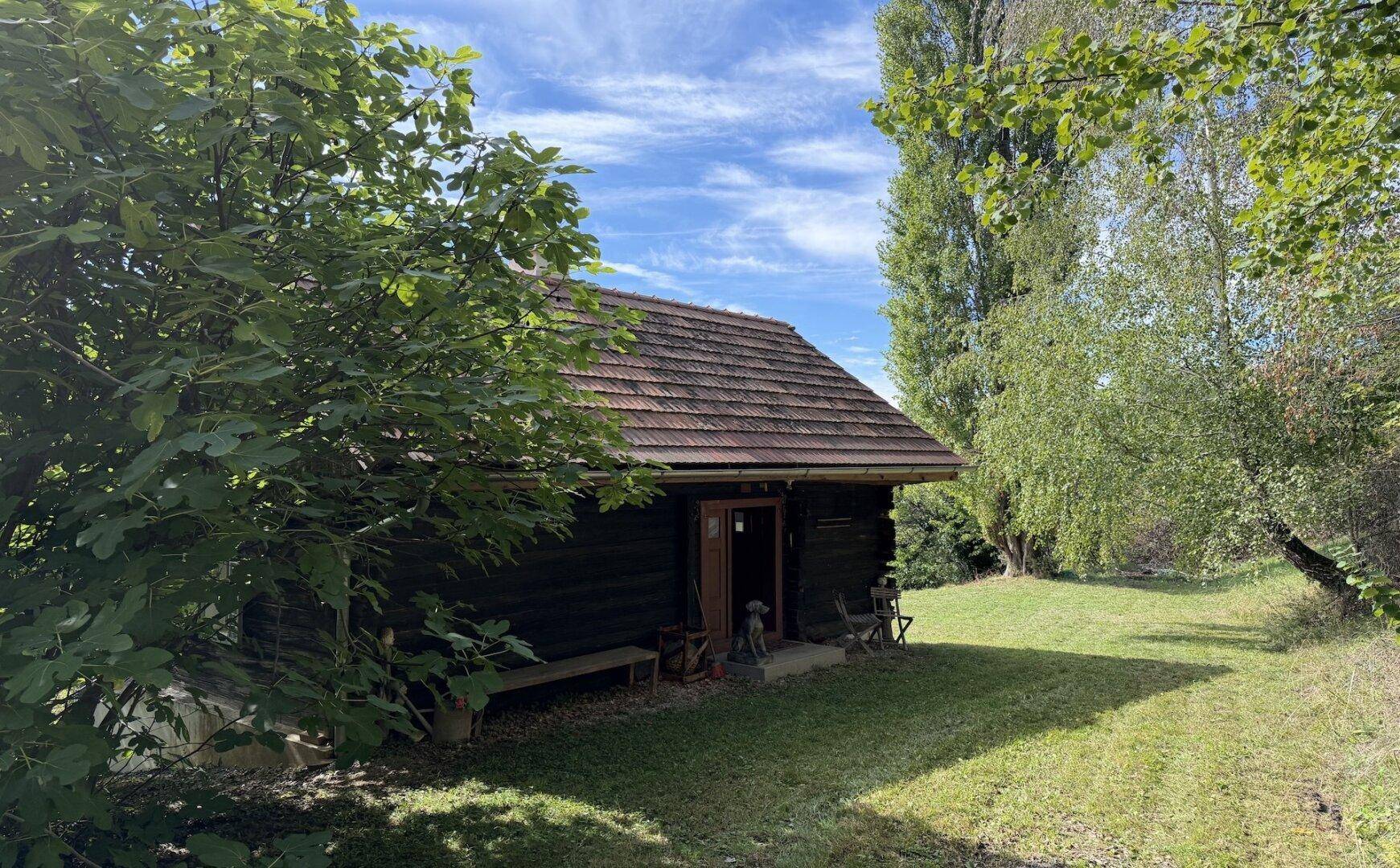 Vorderansicht eines rustikalen Holzhauses mit Holztür und kleiner Bank im Grünen.