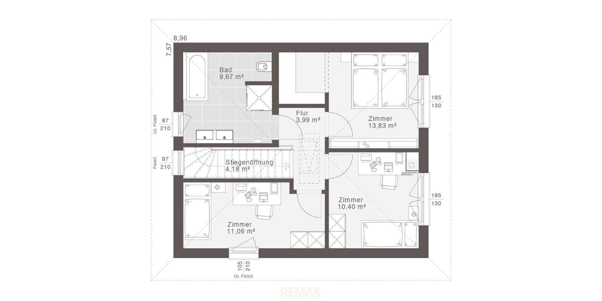 Grundriss des Obergeschosses mit drei Schlafzimmern und einem Badezimmer.
