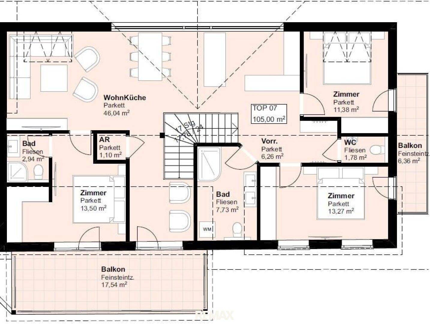 Detaillierter Grundriss einer Wohnung mit Wohnküche, Schlafzimmern und zwei Balkonen.