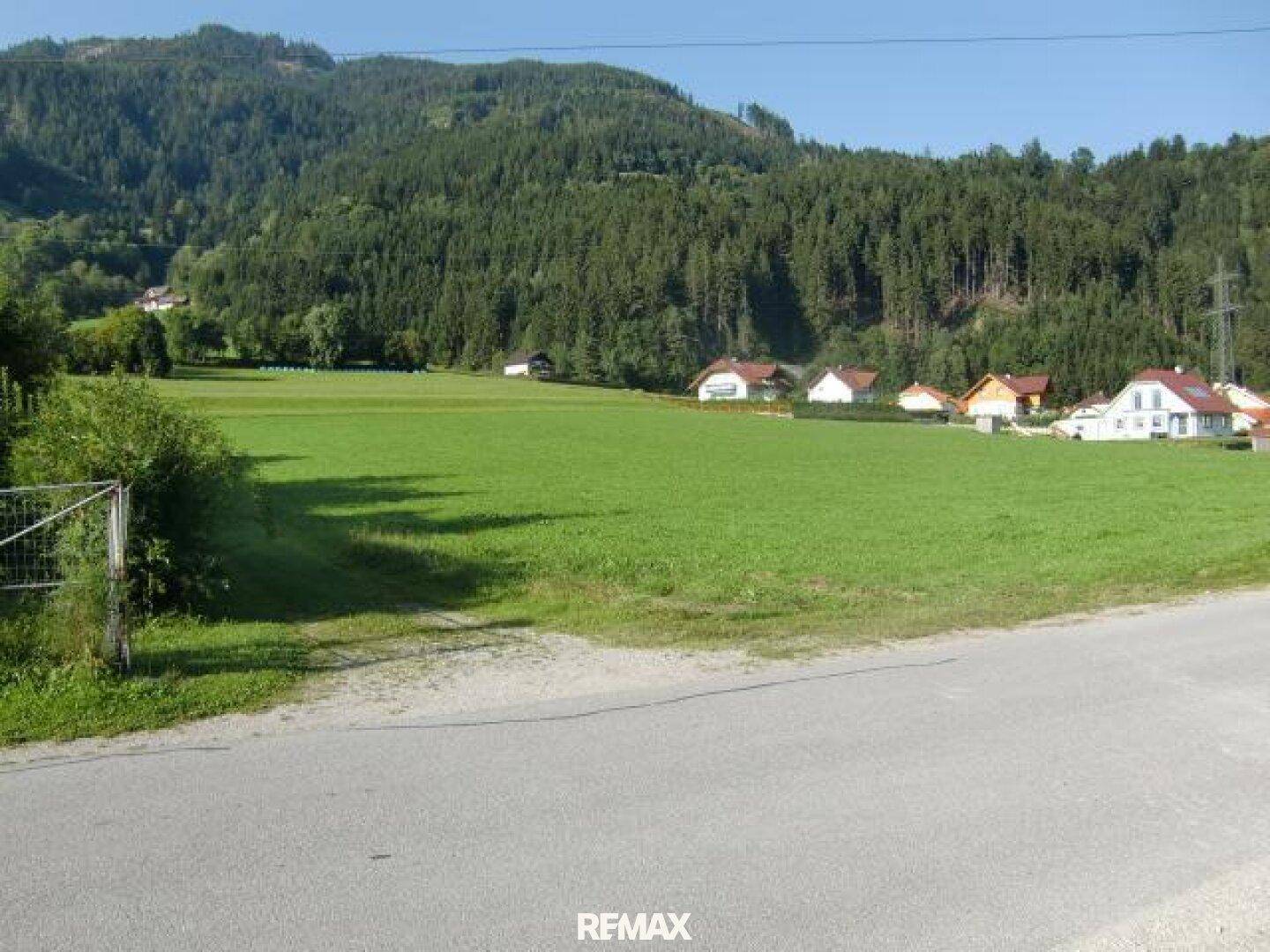 Grüne Landschaft mit Waldhügeln und vereinzelten Häusern in ländlicher Umgebung, im Vordergrund eine Straße.