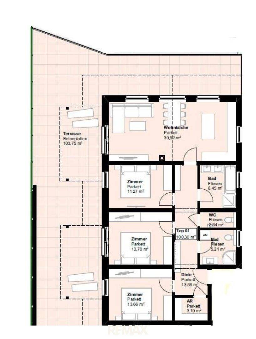 Grundriss der Wohnung mit drei Zimmern, Wohnküche und großer Terrasse.