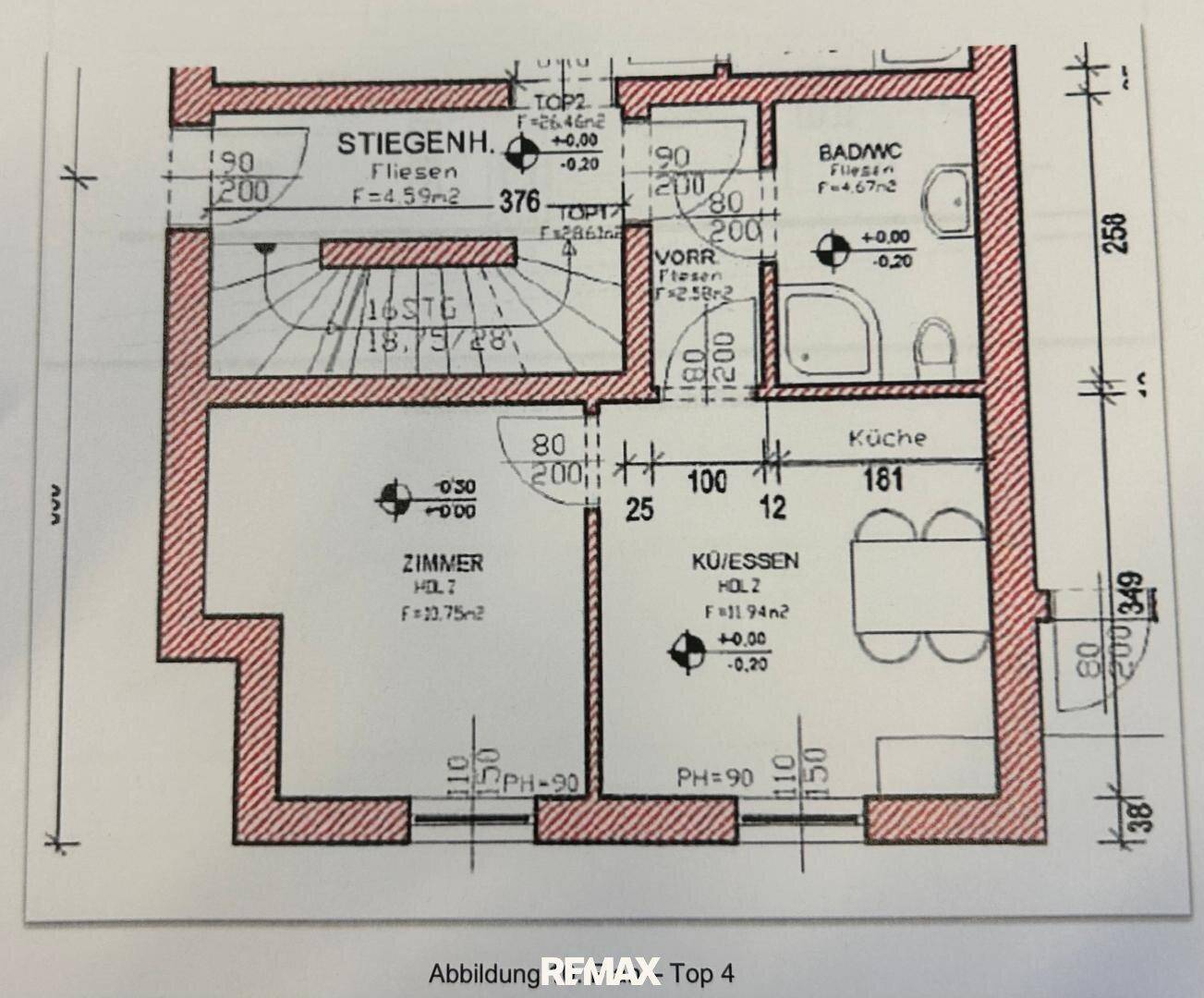 Grundrissplan einer Etage mit Zimmer, Bad, Küche und Essbereich.